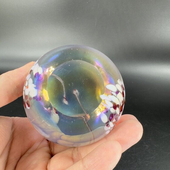 Hand Made Art Glass Paperweight Orb Polished Bottom Iridescent Glass Decor VTG - Picture 10 of 15